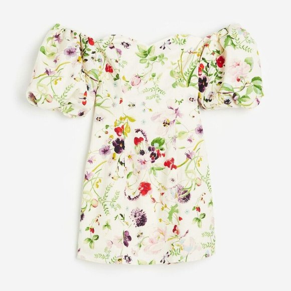 H&M Off-the-shoulder Puff-sleeve Cream Floral Dress - Picture 3 of 8